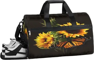 Sunflower Butterfly Sports Gym Bag with Wet Pocket & Shoes Compartment Waterproof Workout Duffel Bag for Women and Men Weekender Overnight Duffle Bag Travel Carry-on Tote
