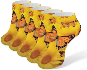 Sunflower Flowers Butterfly 5 Pairs Low Cut Ankle Socks for Men Women Athletic Running Socks No Show Breathable