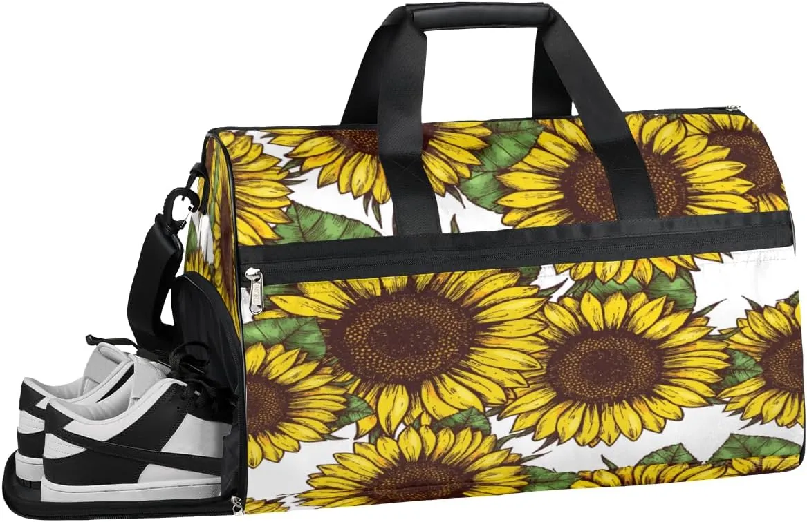 Sunflower Flowers Sports Gym Bag with Wet Pocket & Shoes Compartment Waterproof Workout Duffel Bag for Women and Men Weekender Overnight Duffle Bag Travel Carry-on Tote