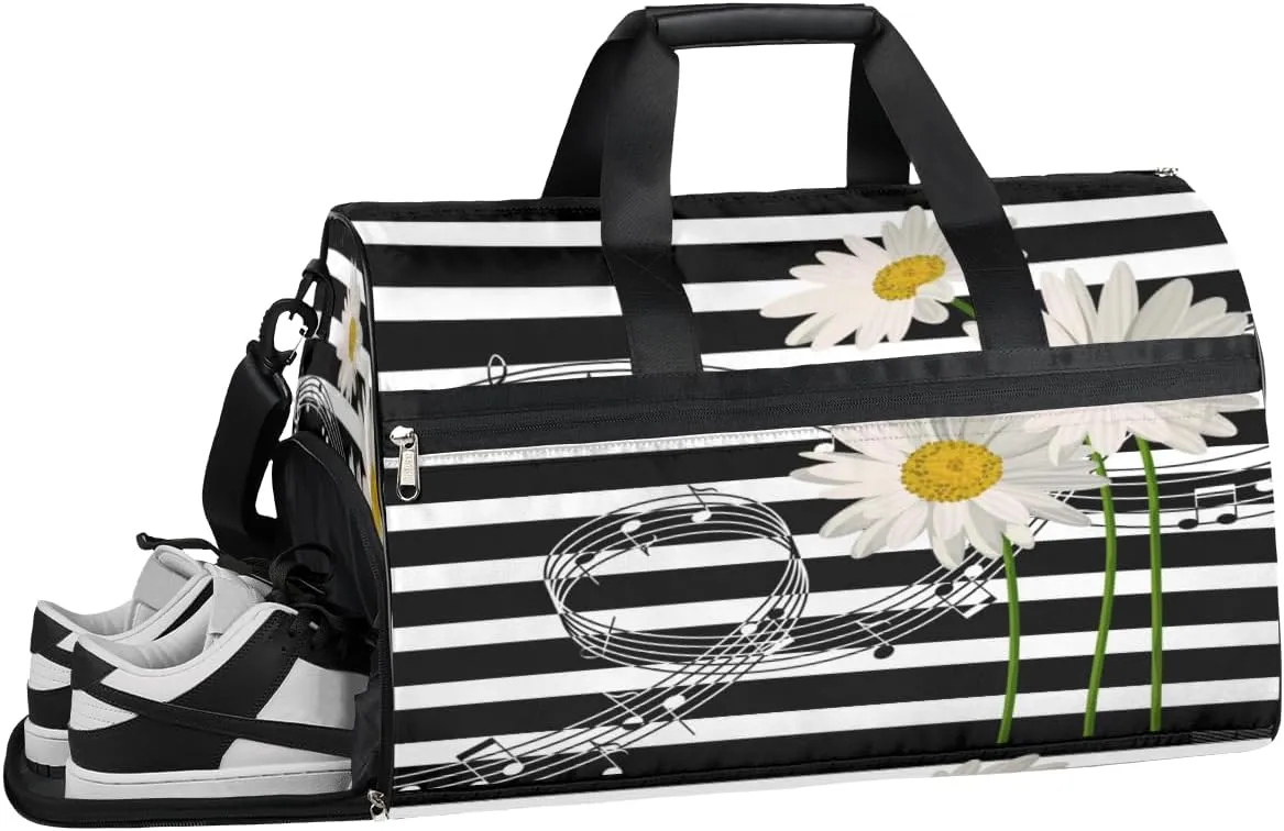 Sunflower Music Notes Sports Gym Bag for Women and Men Travel Duffel Bag Overnight Shoulder Bag Waterproof Workout Bag Portable Sports Tote with Shoes Compartment