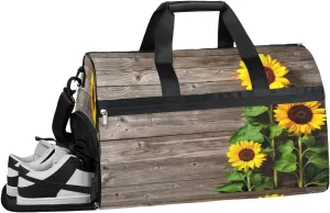 Sunflower Wooden Print Sports Gym Bag with Wet Pocket & Shoes Compartment Waterproof Workout Duffel Bag for Women and Men Weekender Overnight Duffle Bag Travel Carry-on Tote