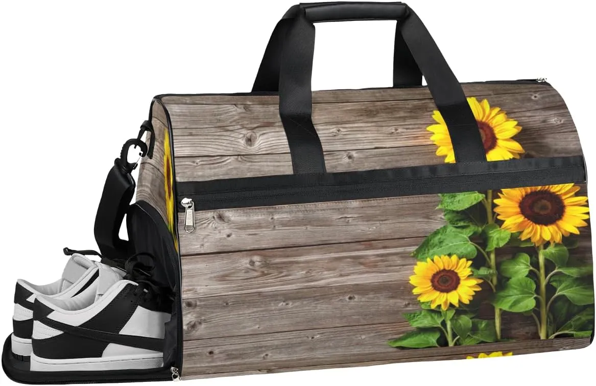 Sunflower Wooden Print Sports Gym Bag with Wet Pocket & Shoes Compartment Waterproof Workout Duffel Bag for Women and Men Weekender Overnight Duffle Bag Travel Carry-on Tote