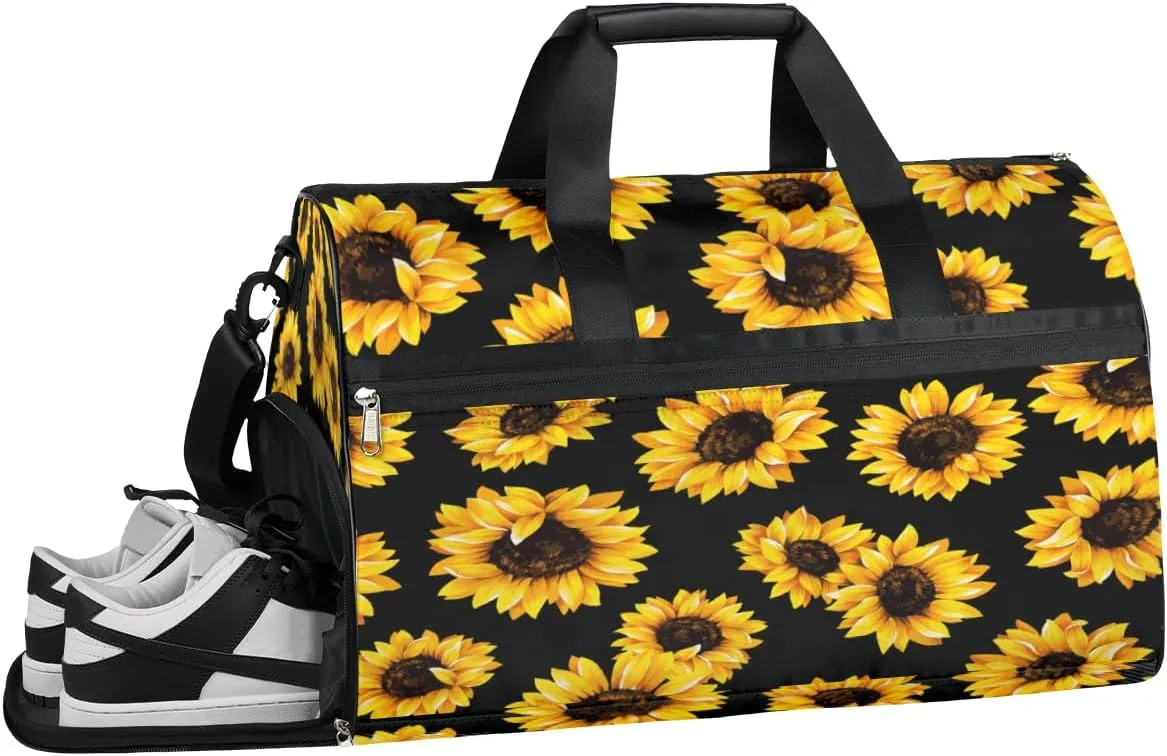 Sunflowers Black Sports Gym Bag with Wet Pocket & Shoes Compartment Waterproof Workout Duffel Bag for Women and Men Weekender Overnight Duffle Bag Travel Carry-on Tote