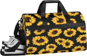 Sunflowers Black Sports Gym Bag with Wet Pocket & Shoes Compartment Waterproof Workout Duffel Bag for Women and Men Weekender Overnight Duffle Bag Travel Carry-on Tote