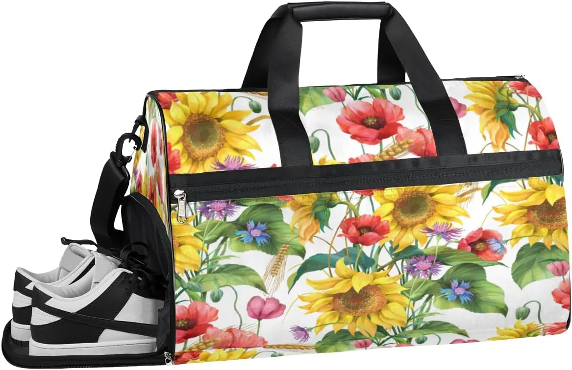 Sunflowers Summer Sports Gym Bag with Wet Pocket & Shoes Compartment Waterproof Workout Duffel Bag for Women and Men Weekender Overnight Duffle Bag Travel Carry-on Tote