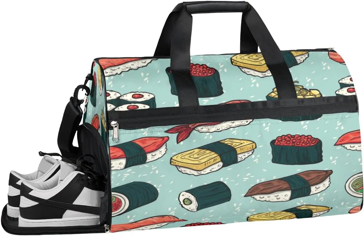 Sushi Pattern Sports Gym Bag with Wet Pocket & Shoes Compartment Waterproof Workout Duffel Bag for Women and Men Weekender Overnight Duffle Bag Travel Carry-on Tote