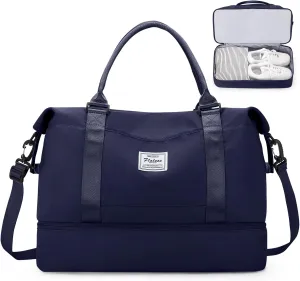 SYCNB Weekender Bags for Women, Personal Item Travel Bag with Shoes Compartment, Overnight Travel Duffel Bag with Wet Pocket & Trolley Sleeve,Gym Bag,Navy Blue