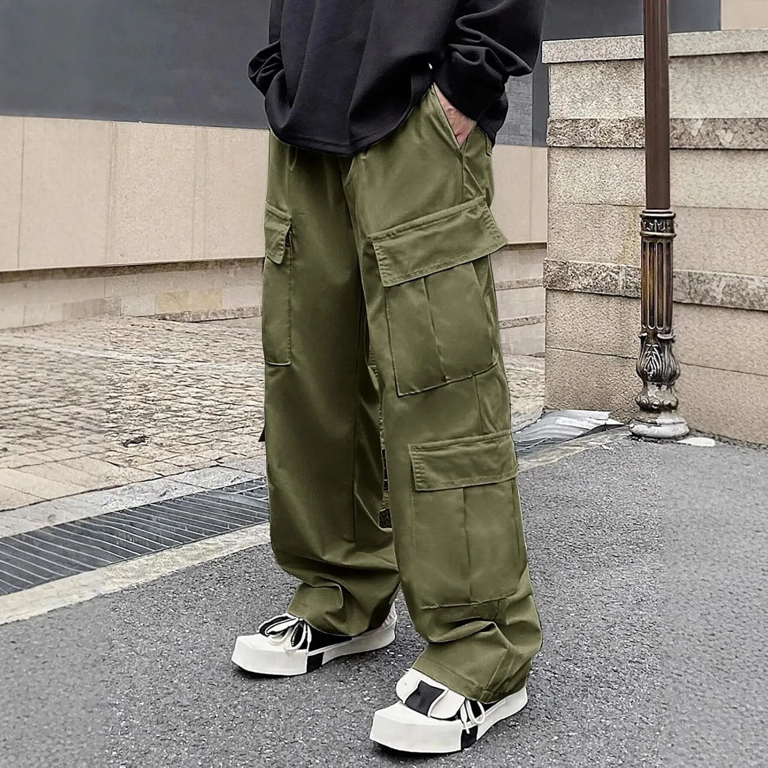 Tactical Cargo Pants for Men Wide Jogging Pants with Multi-Pocket Comfy Loose Trousers