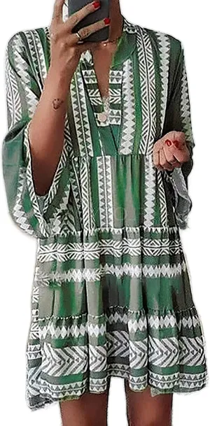 TIAFORD Women's V Neck Bell Sleeve Boho Dresses Casual Summer Floral Print Shift Tunic Dresses for Women