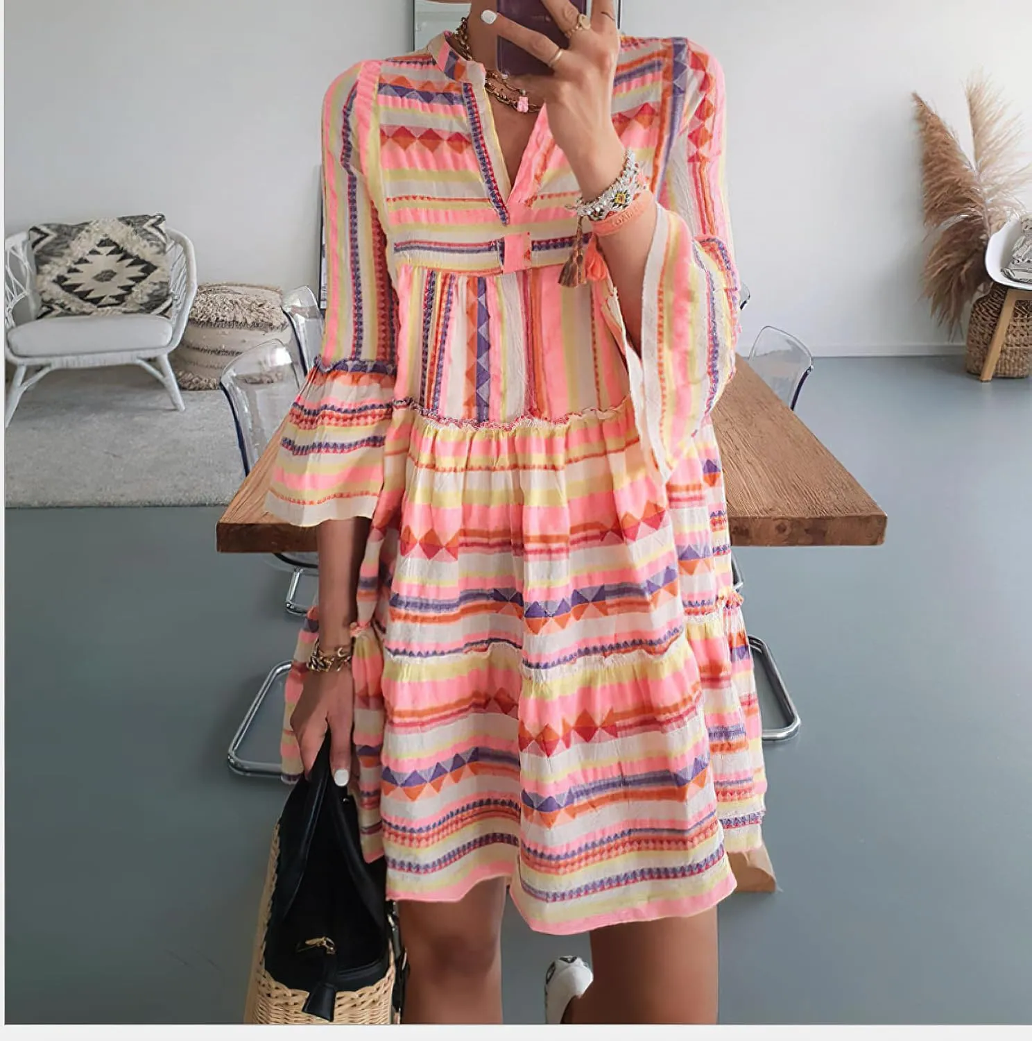 TIAFORD Women's V Neck Bell Sleeve Boho Dresses Casual Summer Floral Print Shift Tunic Dresses for Women