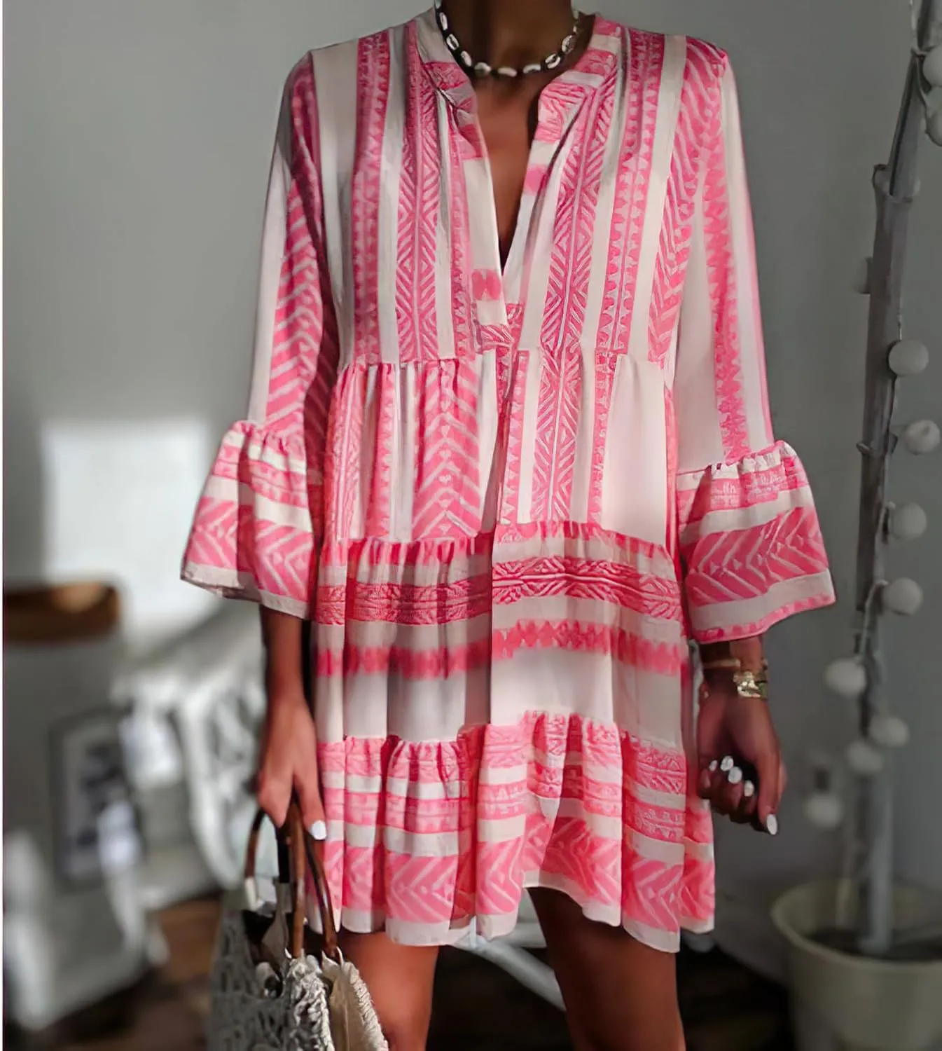 TIAFORD Women's V Neck Bell Sleeve Boho Dresses Casual Summer Floral Print Shift Tunic Dresses for Women