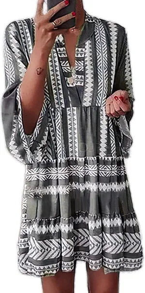 TIAFORD Women's V Neck Bell Sleeve Boho Dresses Casual Summer Floral Print Shift Tunic Dresses for Women