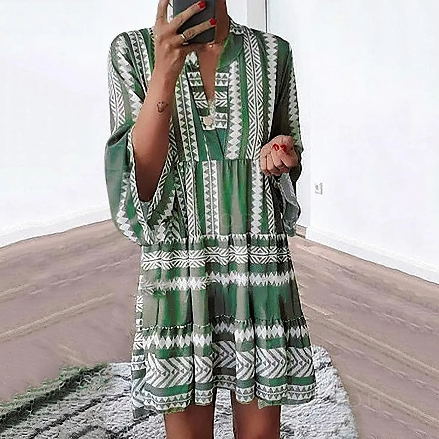 TIAFORD Women's V Neck Bell Sleeve Boho Dresses Casual Summer Floral Print Shift Tunic Dresses for Women