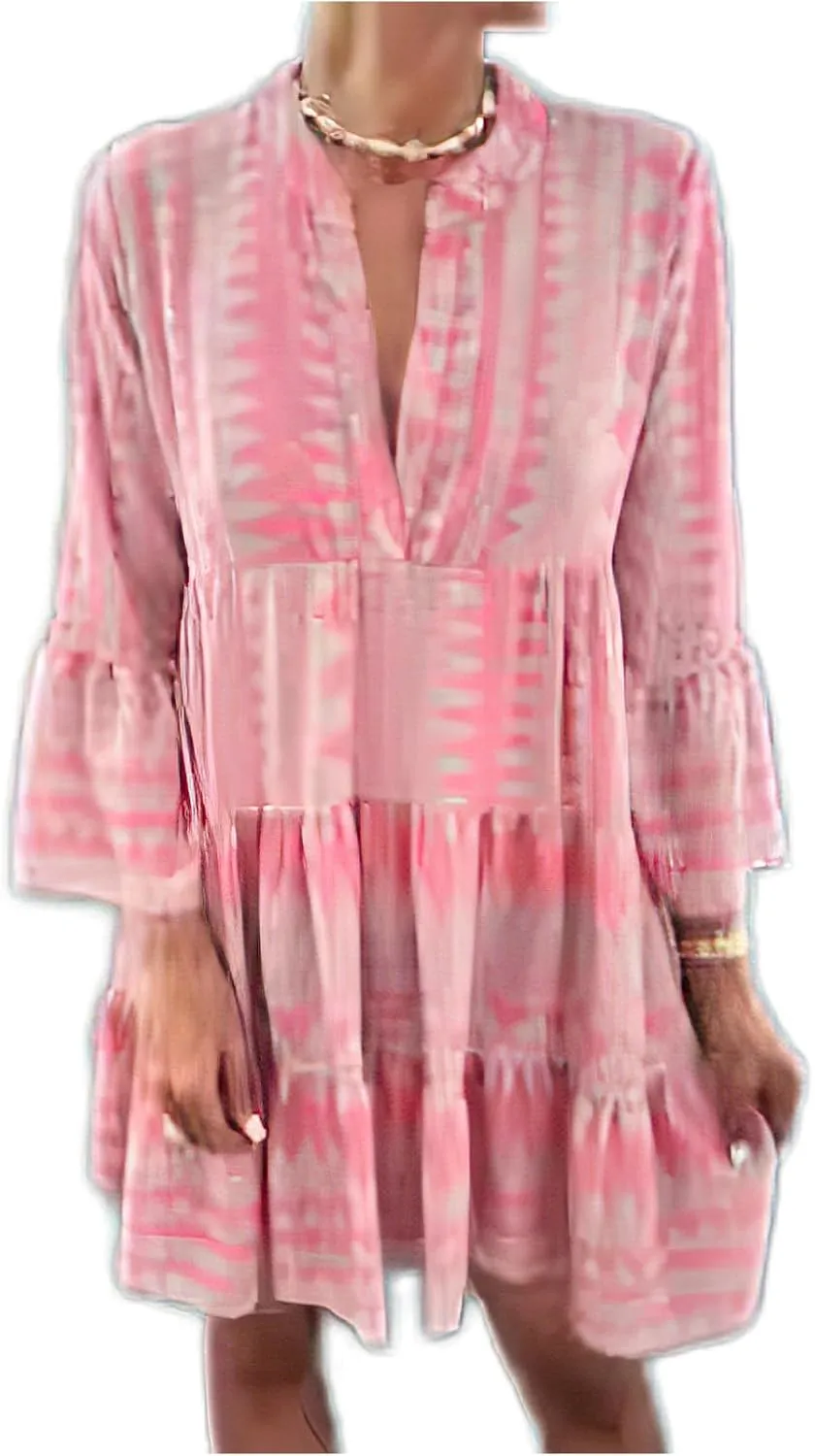 TIAFORD Women's V Neck Bell Sleeve Boho Dresses Casual Summer Floral Print Shift Tunic Dresses for Women
