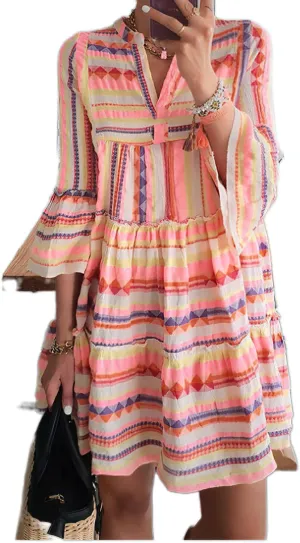 TIAFORD Women's V Neck Bell Sleeve Boho Dresses Casual Summer Floral Print Shift Tunic Dresses for Women