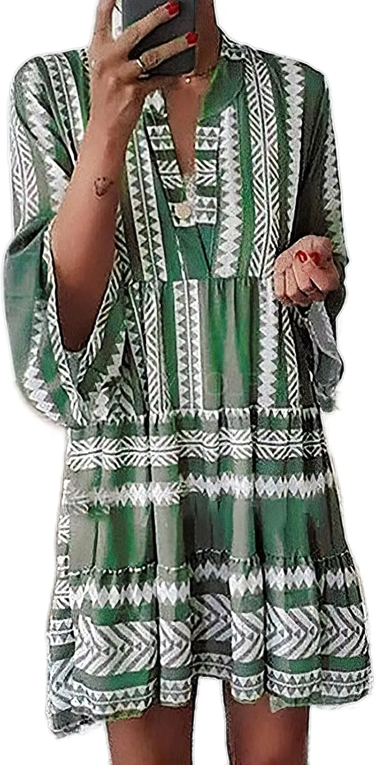 TIAFORD Women's V Neck Bell Sleeve Boho Dresses Casual Summer Floral Print Shift Tunic Dresses for Women