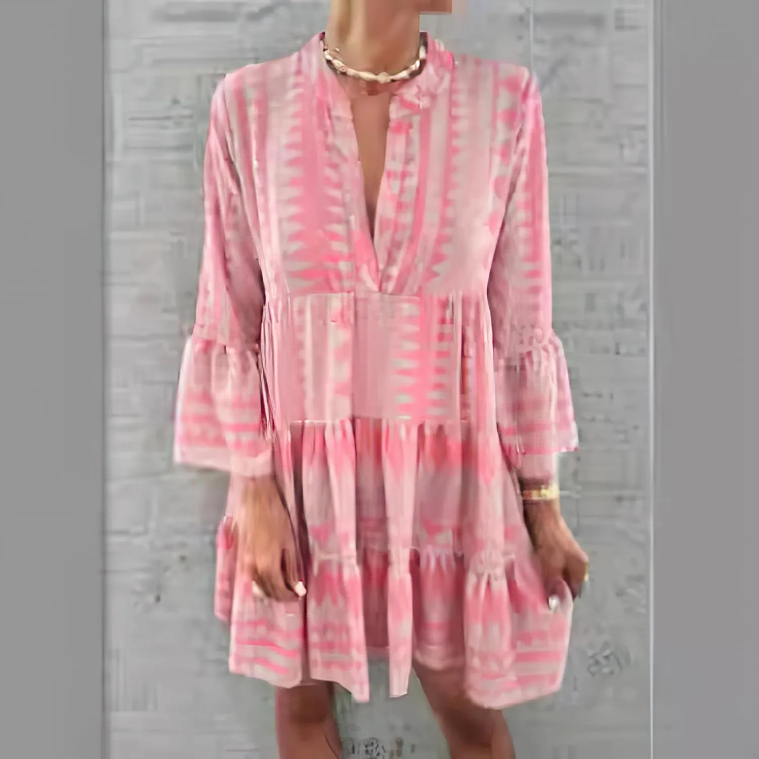 TIAFORD Women's V Neck Bell Sleeve Boho Dresses Casual Summer Floral Print Shift Tunic Dresses for Women