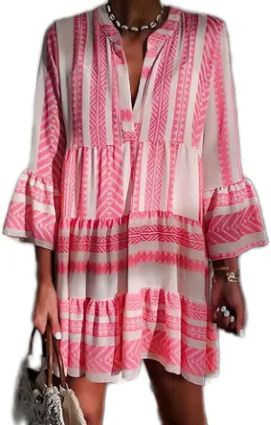 TIAFORD Women's V Neck Bell Sleeve Boho Dresses Casual Summer Floral Print Shift Tunic Dresses for Women