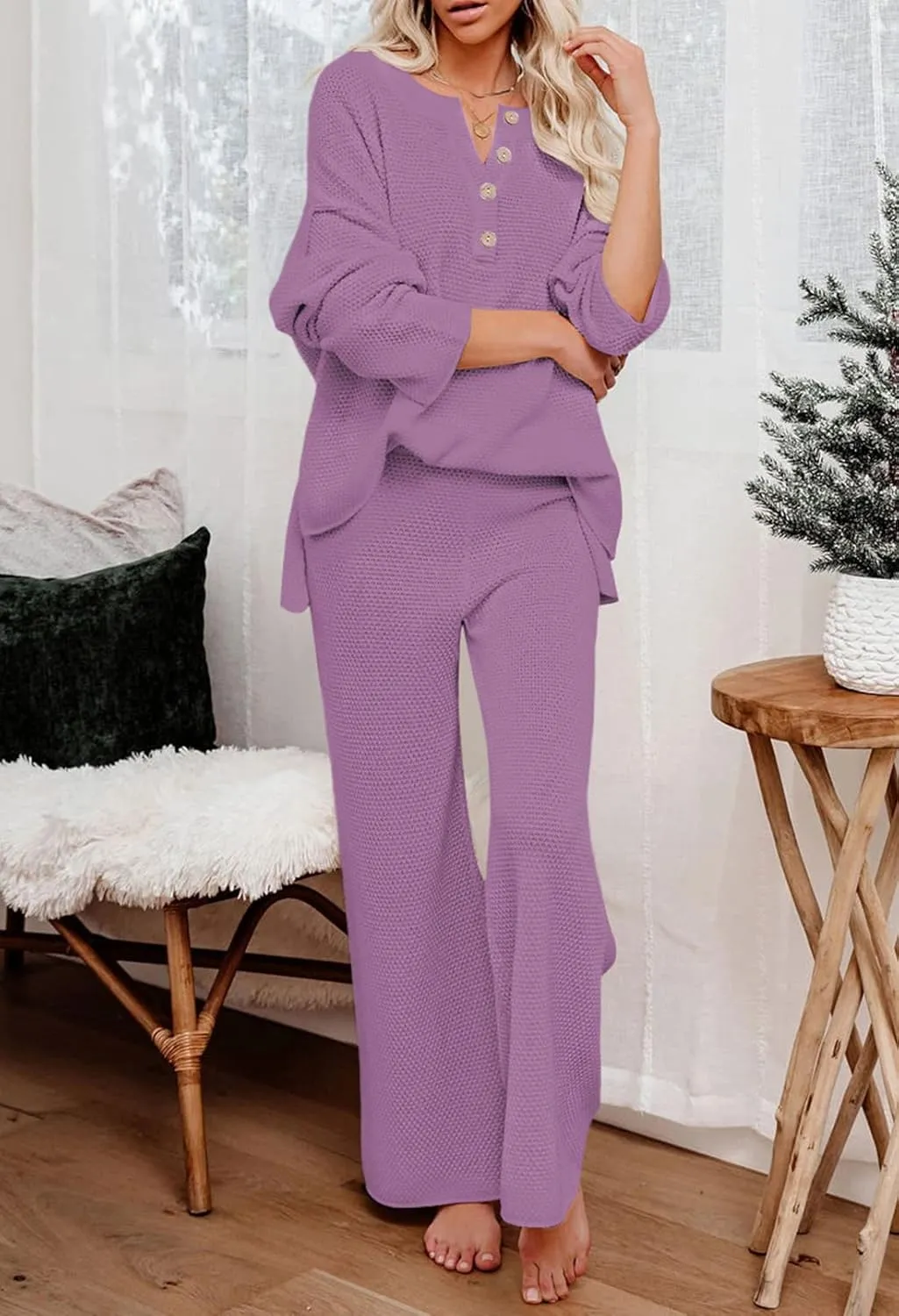 TOLENY Women's 2 Piece Lounge Sets Outfits Button Down Knitted Tops and Wide Leg Pants Sweatsuits