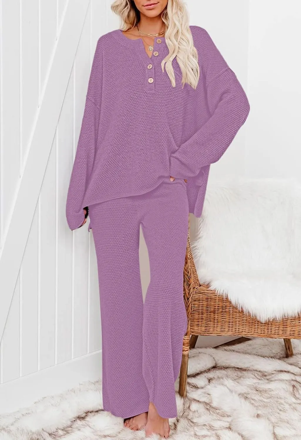 TOLENY Women's 2 Piece Lounge Sets Outfits Button Down Knitted Tops and Wide Leg Pants Sweatsuits
