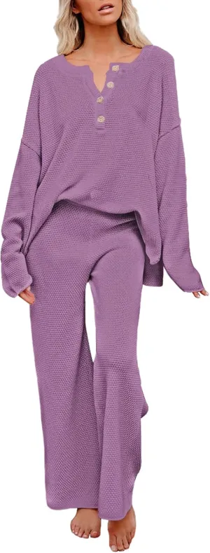 TOLENY Women's 2 Piece Lounge Sets Outfits Button Down Knitted Tops and Wide Leg Pants Sweatsuits