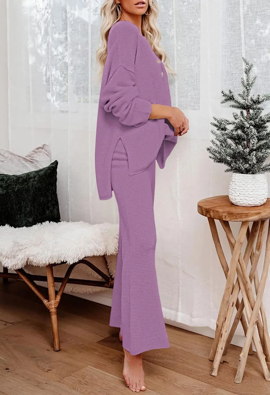 TOLENY Women's 2 Piece Lounge Sets Outfits Button Down Knitted Tops and Wide Leg Pants Sweatsuits