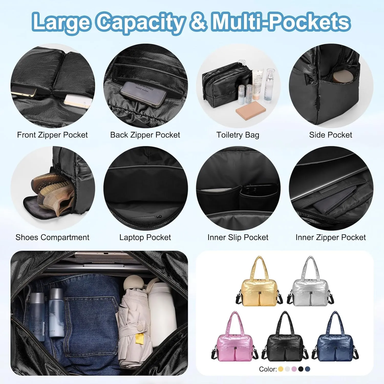 Travel Duffel Bag, 20L Weekend Bag for Women, Gym Bag with Shoes Compartment, Luggage Overnight Carry on Bag with Wet Pocket for Travel Camping, Black