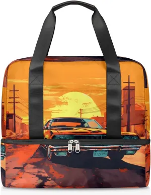 Travel Duffel Bags City Sunset Car Sports Gym Bag with Wet Pocket & Shoes Compartment Large Duffel Bags Waterproof Overnight Bag Weekender Bags for Women Men