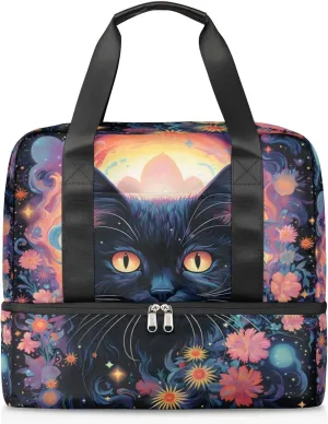 Travel Duffel Bags Cute Black Cat Sports Gym Bag with Wet Pocket & Shoes Compartment Large Duffel Bags Waterproof Overnight Bag Weekender Bags for Women Men