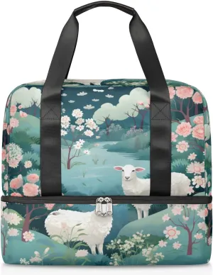 Travel Duffel Bags Cute Sheep Flower Sports Gym Bag with Wet Pocket & Shoes Compartment Large Duffel Bags Waterproof Overnight Bag Weekender Bags for Women Men