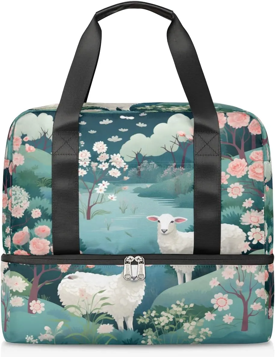 Travel Duffel Bags Cute Sheep Flower Sports Gym Bag with Wet Pocket & Shoes Compartment Large Duffel Bags Waterproof Overnight Bag Weekender Bags for Women Men