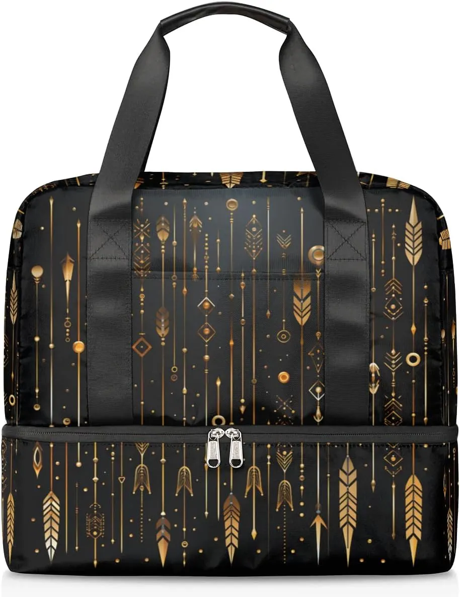 Travel Duffel Bags Ethnic Golden Arrow Sports Gym Bag with Wet Pocket & Shoes Compartment Large Duffel Bags Waterproof Overnight Bag Weekender Bags for Women Men