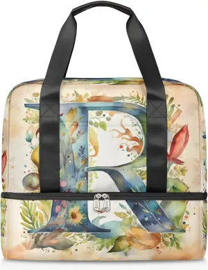 Travel Duffel Bags Flower Letter R Sports Gym Bag with Wet Pocket & Shoes Compartment Large Duffel Bags Waterproof Overnight Bag Weekender Bags for Women Men
