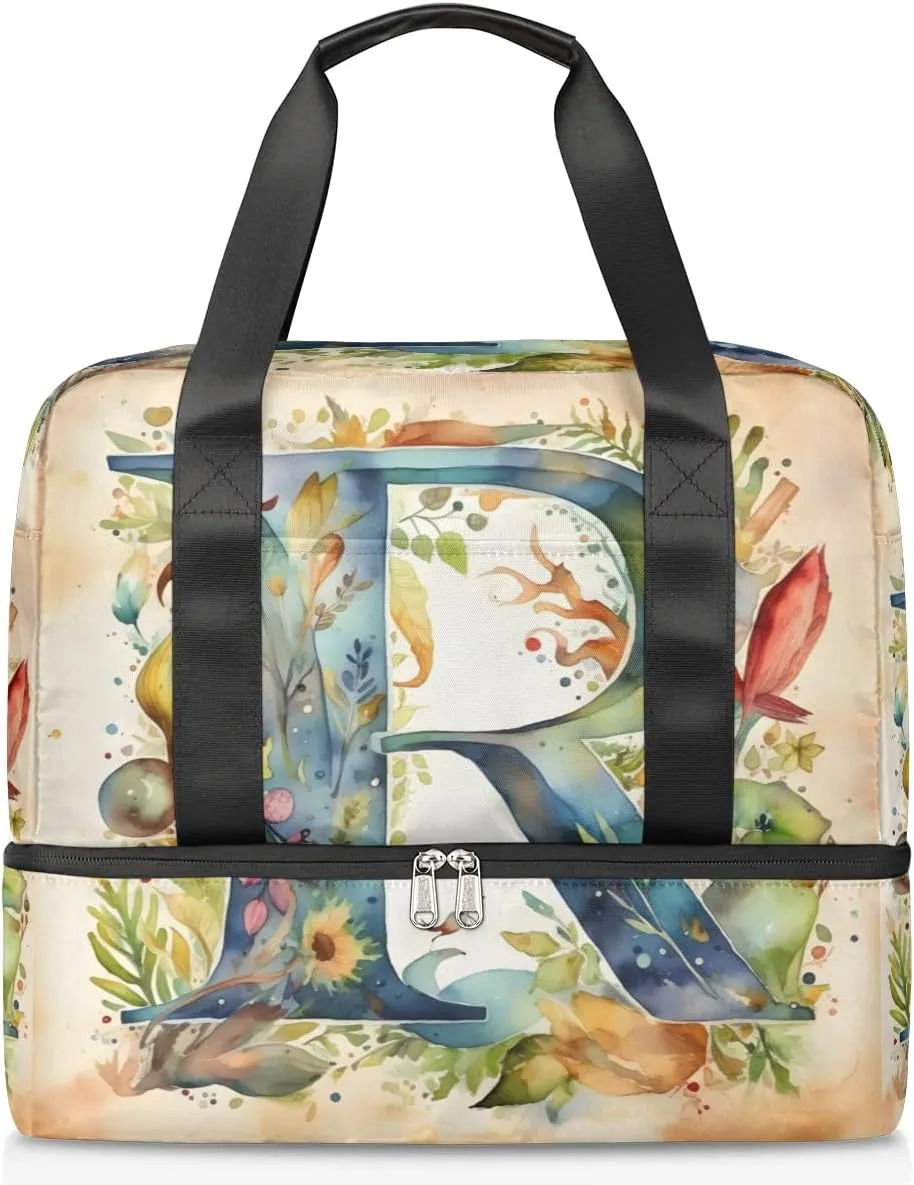 Travel Duffel Bags Flower Letter R Sports Gym Bag with Wet Pocket & Shoes Compartment Large Duffel Bags Waterproof Overnight Bag Weekender Bags for Women Men