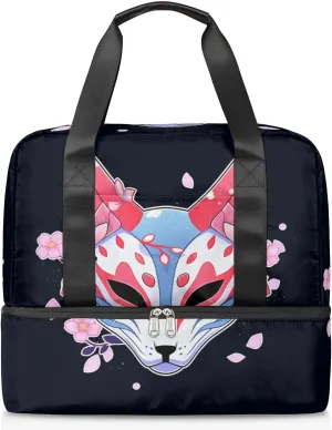 Travel Duffel Bags Japanese Fox Mask Sports Gym Bag with Wet Pocket & Shoes Compartment Large Duffel Bags Waterproof Overnight Bag Weekender Bags for Women Men