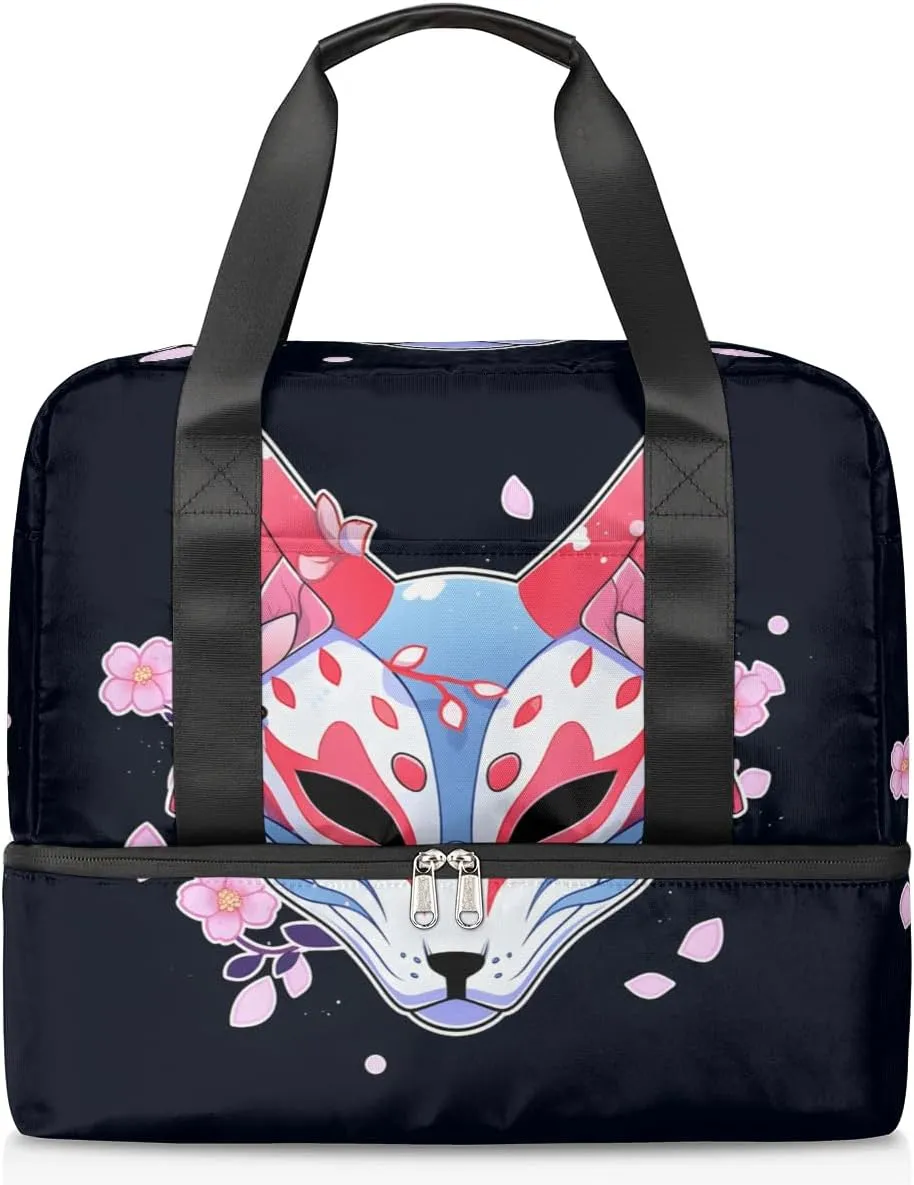 Travel Duffel Bags Japanese Fox Mask Sports Gym Bag with Wet Pocket & Shoes Compartment Large Duffel Bags Waterproof Overnight Bag Weekender Bags for Women Men