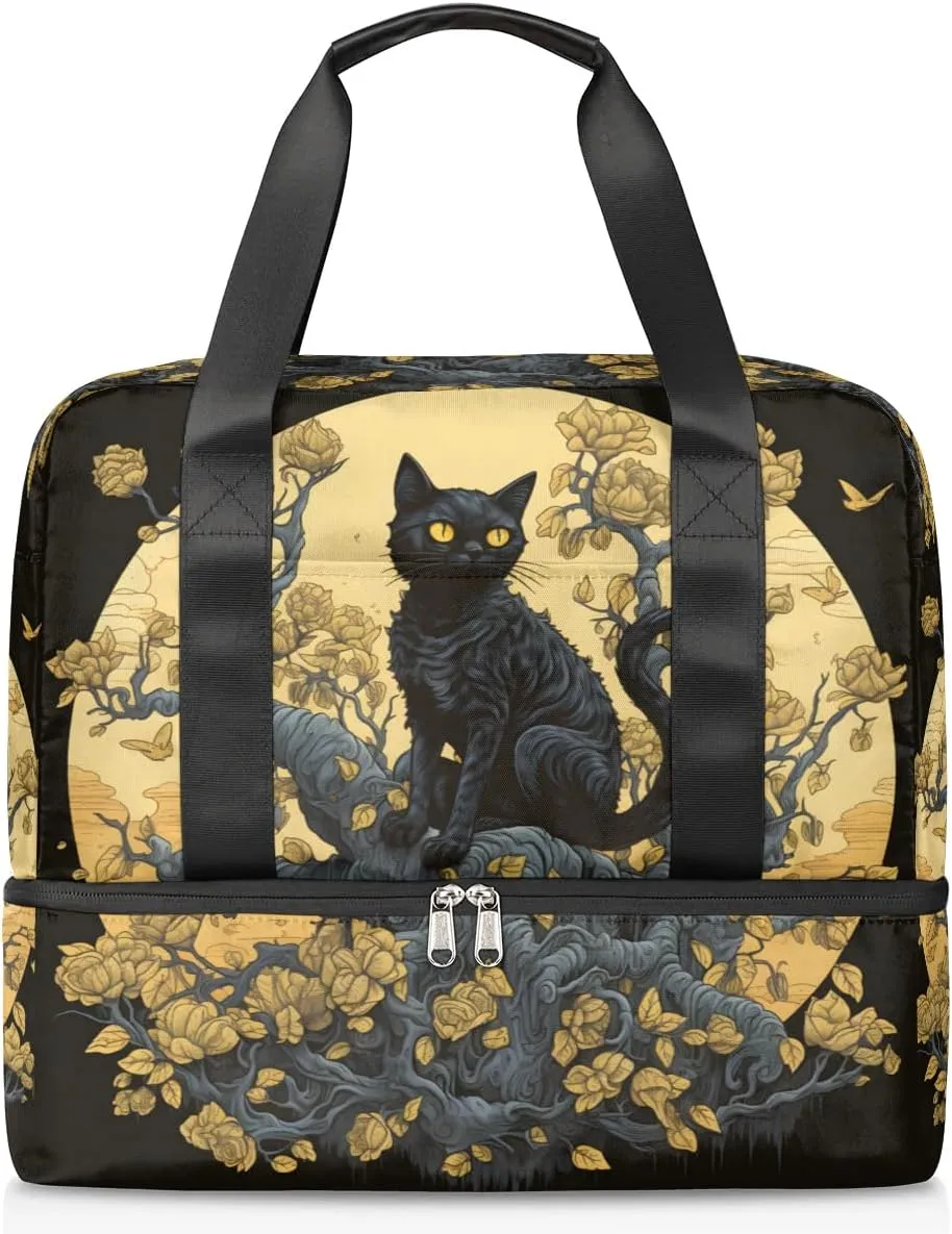 Travel Duffel Bags Moon Black Cat Sports Gym Bag with Wet Pocket & Shoes Compartment Large Duffel Bags Waterproof Overnight Bag Weekender Bags for Women Men