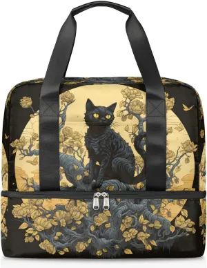 Travel Duffel Bags Moon Black Cat Sports Gym Bag with Wet Pocket & Shoes Compartment Large Duffel Bags Waterproof Overnight Bag Weekender Bags for Women Men