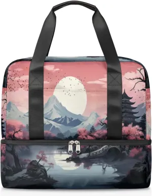 Travel Duffel Bags Mountain Lake Flower Sports Gym Bag with Wet Pocket & Shoes Compartment Large Duffel Bags Waterproof Overnight Bag Weekender Bags for Women Men
