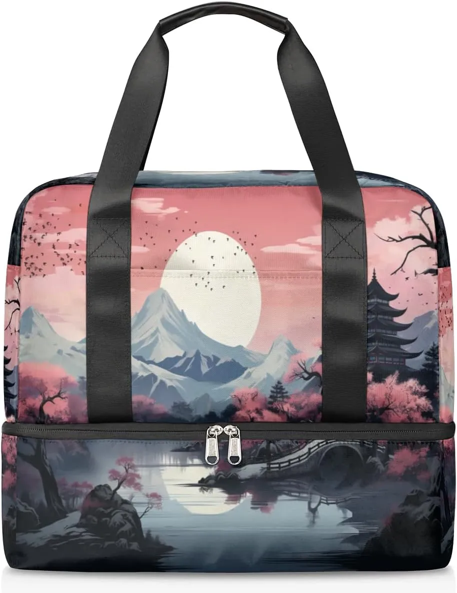 Travel Duffel Bags Mountain Lake Flower Sports Gym Bag with Wet Pocket & Shoes Compartment Large Duffel Bags Waterproof Overnight Bag Weekender Bags for Women Men