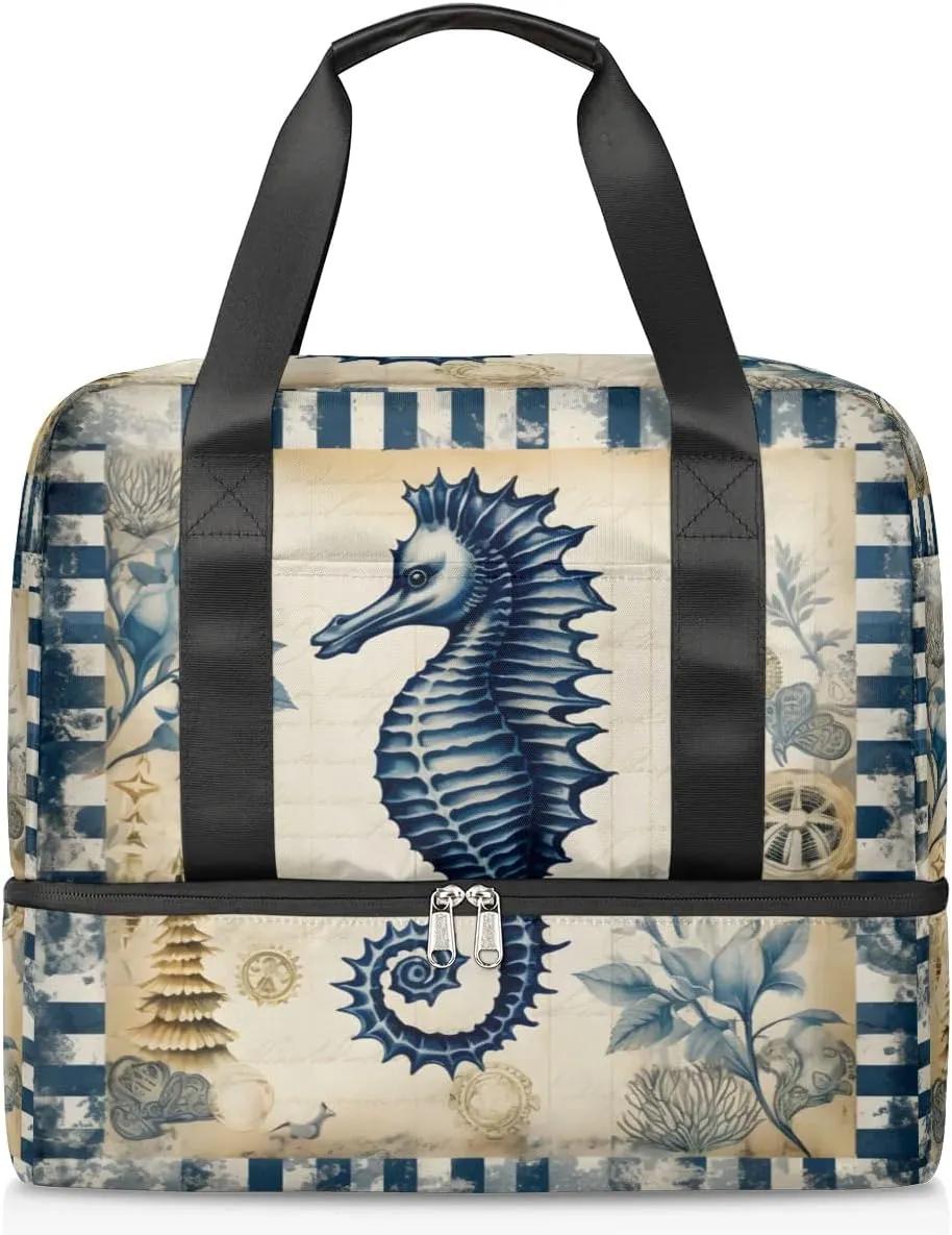 Travel Duffel Bags Navy Blue Seahorse Sports Gym Bag with Wet Pocket & Shoes Compartment Large Duffel Bags Waterproof Overnight Bag Weekender Bags for Women Men