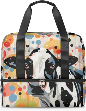 Travel Duffel Bags Oil Painting Cow Sports Gym Bag with Wet Pocket & Shoes Compartment Large Duffel Bags Waterproof Overnight Bag Weekender Bags for Women Men