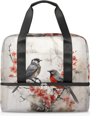 Travel Duffel Bags Plum Blossom Birds Sports Gym Bag with Wet Pocket & Shoes Compartment Large Duffel Bags Waterproof Overnight Bag Weekender Bags for Women Men