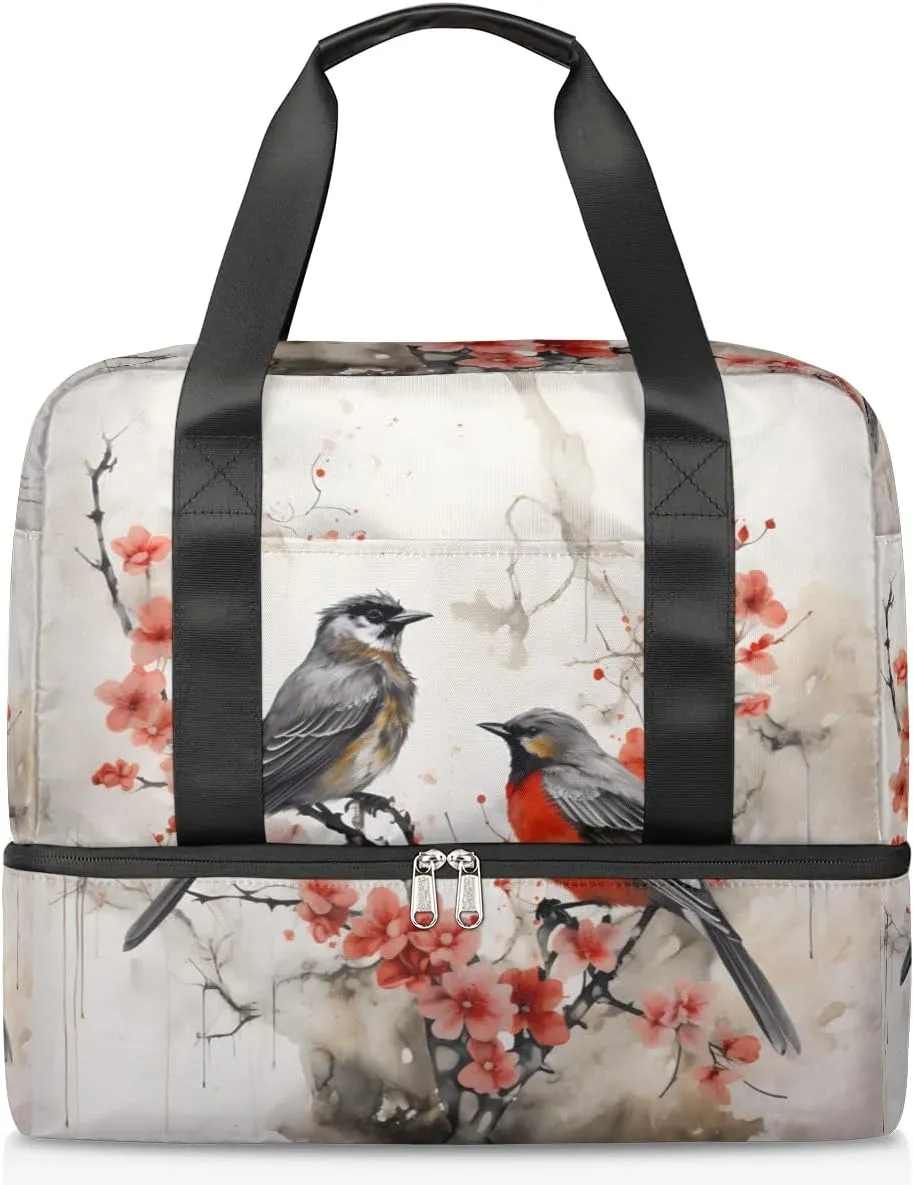 Travel Duffel Bags Plum Blossom Birds Sports Gym Bag with Wet Pocket & Shoes Compartment Large Duffel Bags Waterproof Overnight Bag Weekender Bags for Women Men