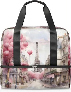 Travel Duffel Bags Romantic Eiffel Tower Sports Gym Bag with Wet Pocket & Shoes Compartment Large Duffel Bags Waterproof Overnight Bag Weekender Bags for Women Men