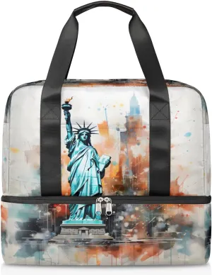Travel Duffel Bags Statue of Liberty Sports Gym Bag with Wet Pocket & Shoes Compartment Large Duffel Bags Waterproof Overnight Bag Weekender Bags for Women Men
