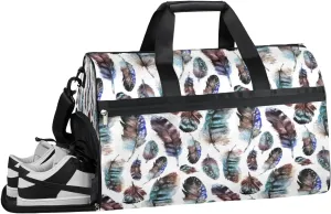 Tribal Ethnic Boho Feathers Resistant Sports Gym Bag for Women Men Travel Duffel bag with Wet Pocket & Shoes Compartment Waterproof Weekender Bag 19.7"x9.9"x13"