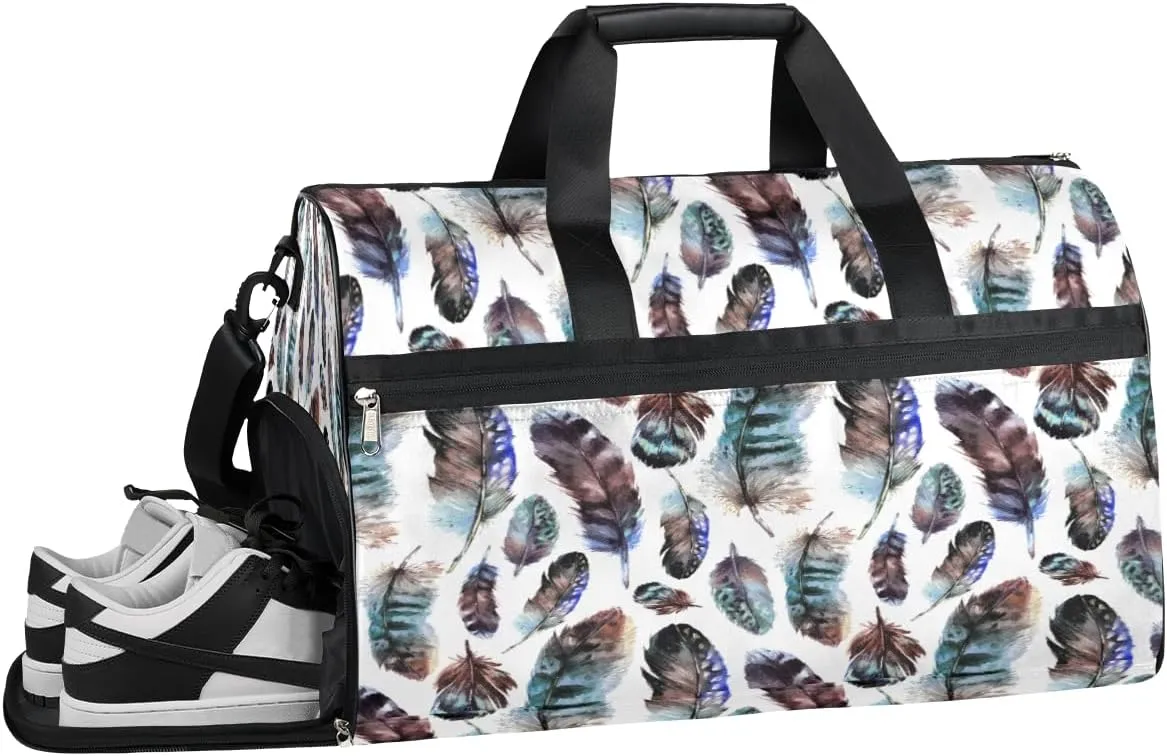 Tribal Ethnic Boho Feathers Resistant Sports Gym Bag for Women Men Travel Duffel bag with Wet Pocket & Shoes Compartment Waterproof Weekender Bag 19.7"x9.9"x13"