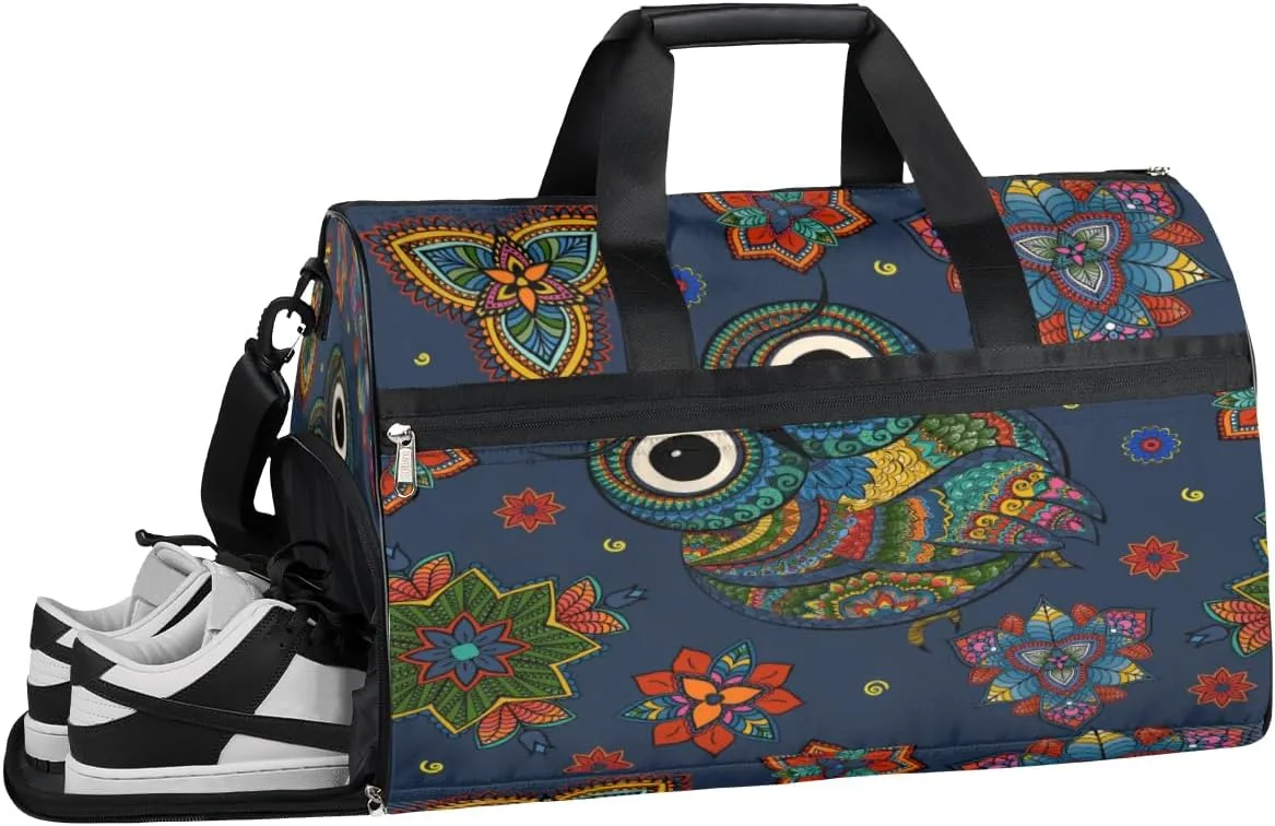 Tribal Owl Sports Gym Bag with Wet Pocket & Shoes Compartment Waterproof Workout Duffel Bag for Women and Men Weekender Overnight Duffle Bag Travel Carry-on Tote