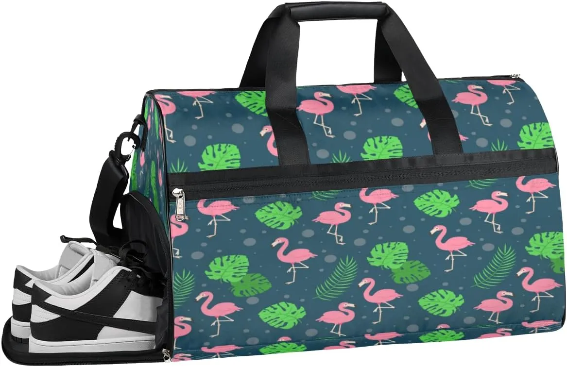 Tropical Animals Flamingos Sports Gym Bag with Wet Pocket & Shoes Compartment Waterproof Workout Duffel Bag for Women and Men Weekender Overnight Duffle Bag Travel Carry-on Tote